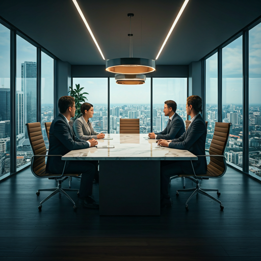 A professional business meeting in a high-rise office boardroom overlooking the city.