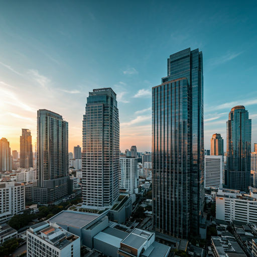 A panoramic high-angle view of Bangkok's modern business district at golden hour.